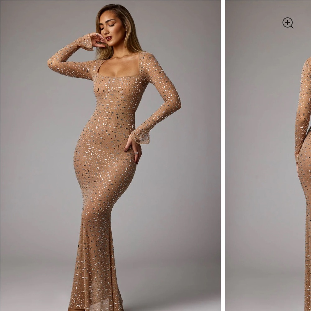 Oh Polly Sparkling Long Sleeve Dress in Nude